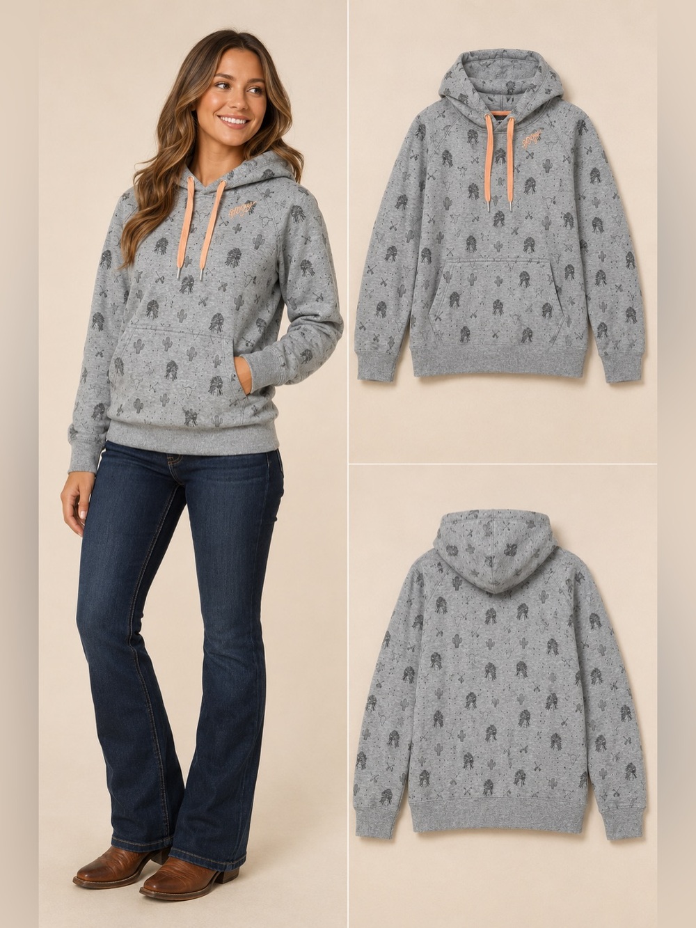 Hooey Legendary Southwestern Print Unisex Hoodie Gray Coral L